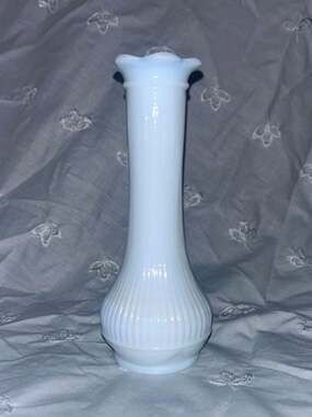 Vintage Randall White Milk Glass Bud Vase with Ribbed Body Scalloped Petal Rim